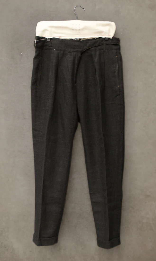 Isa Belted Pants - Black Linen Herringbone - M, L
