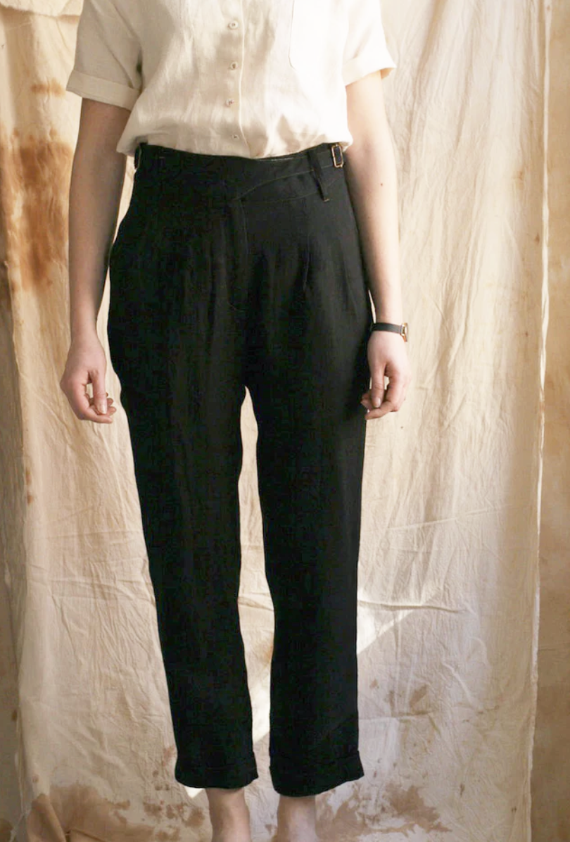 Isa Belted Pants - Black Linen Herringbone - M, L