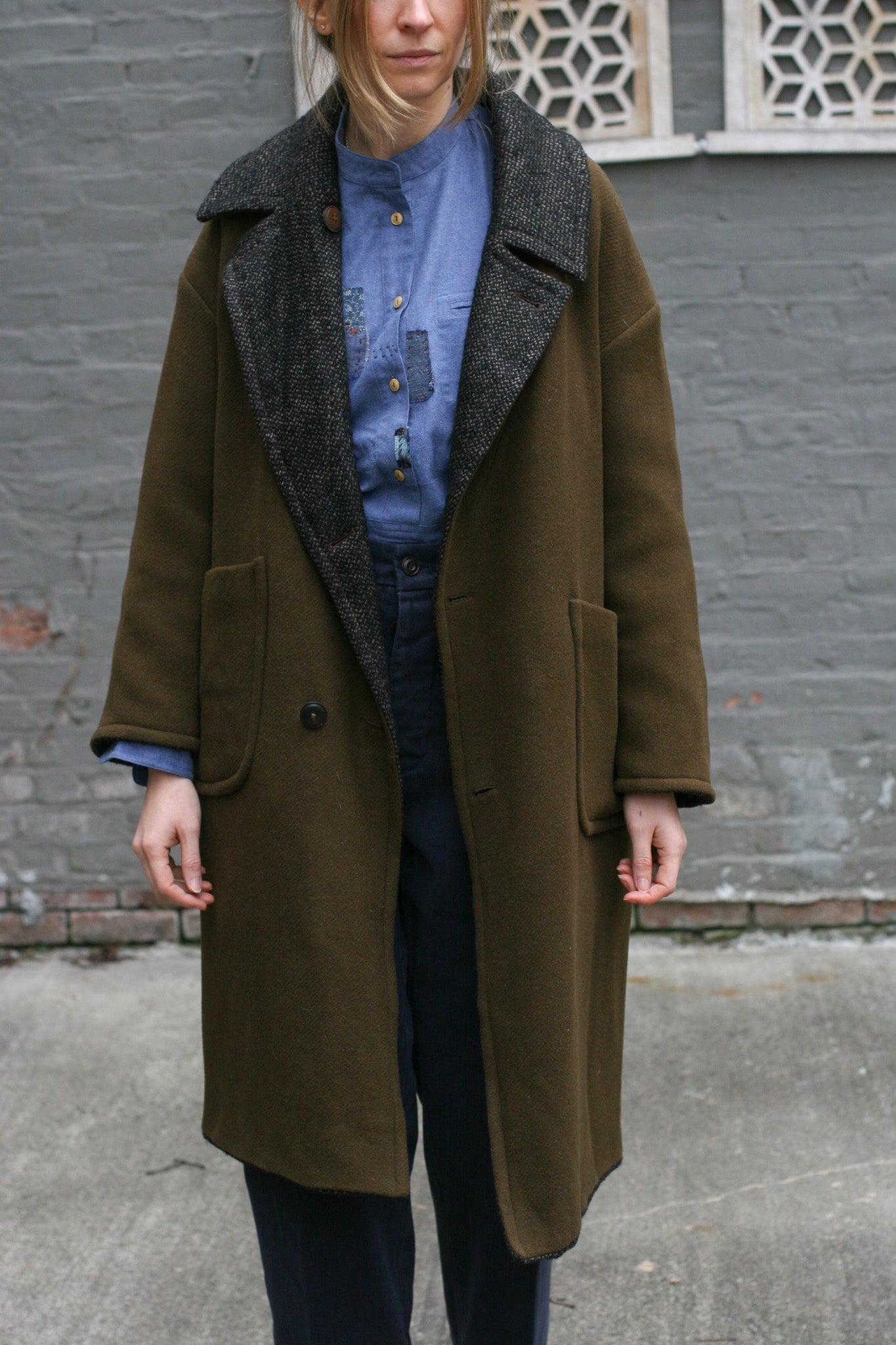 Anne Reversible Wool Coat - OLIVE Green / Brown Texture - XS