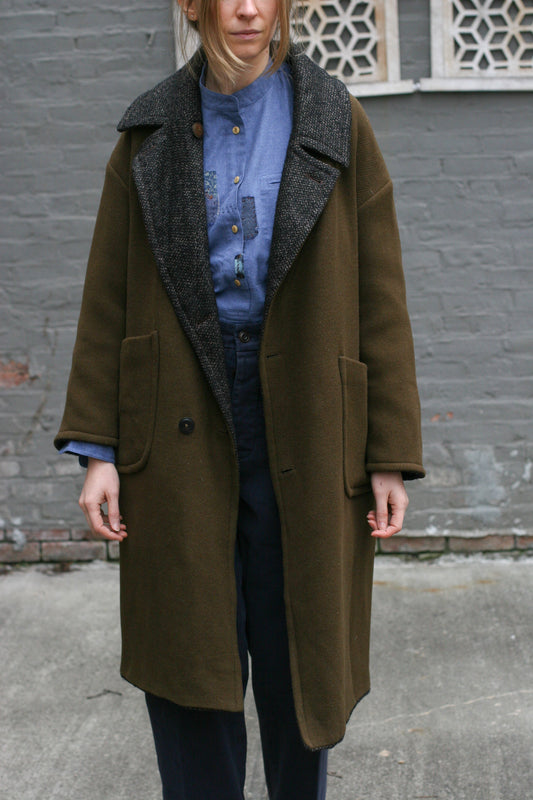 Anne Reversible Wool Coat - OLIVE Green / Brown Texture - XS