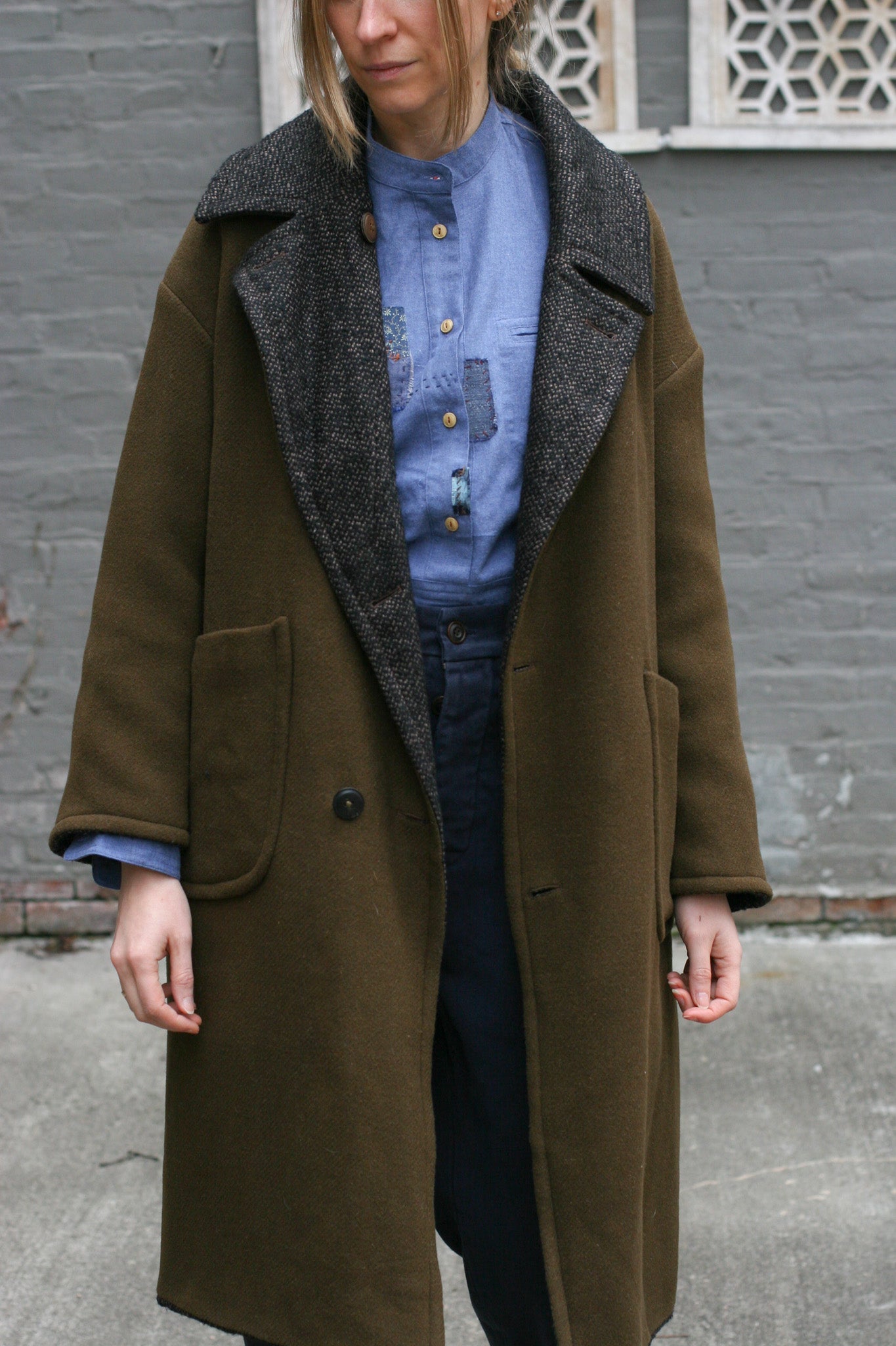 Anne Reversible Wool Coat - OLIVE Green / Brown Texture - XS