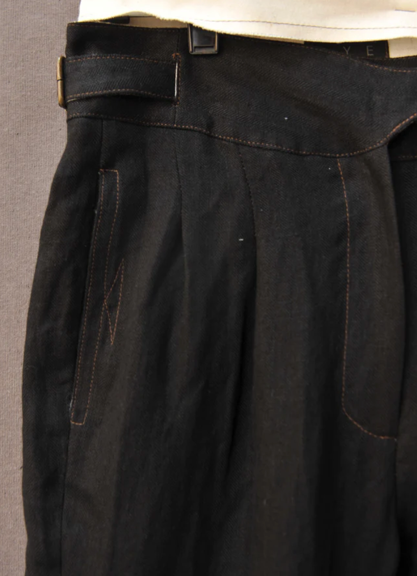 Isa Belted Pants - Black Linen Herringbone - M, L