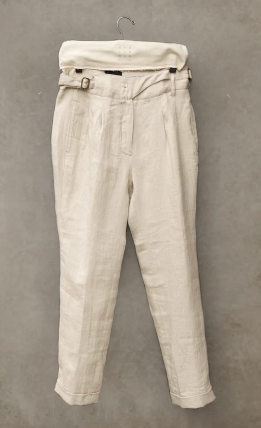 Isa Belted Pants - Cream Linen Herringbone - XS, S, M