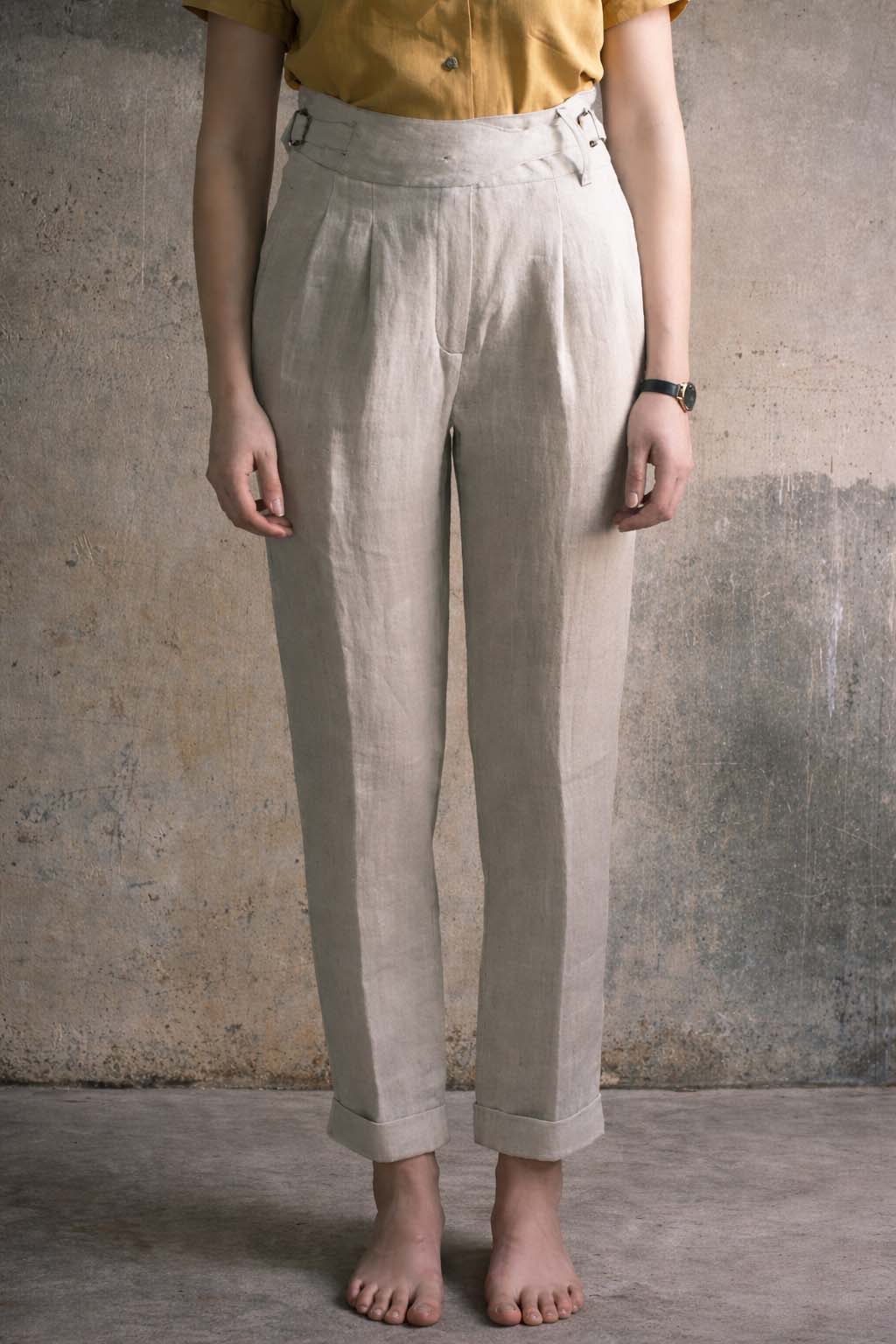 Isa Belted Pants - Cream Linen Herringbone - XS, S, M