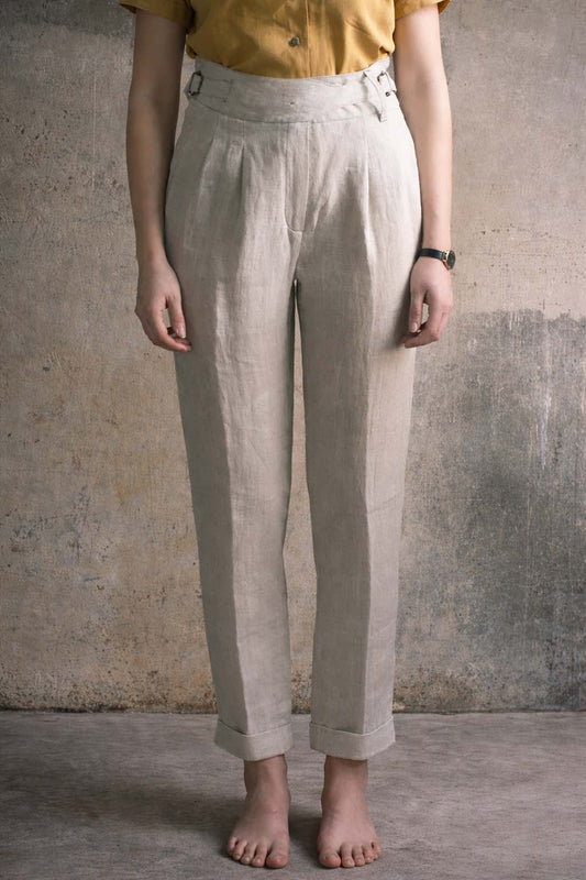 Isa Belted Pants - Cream Linen Herringbone - XS, S, M
