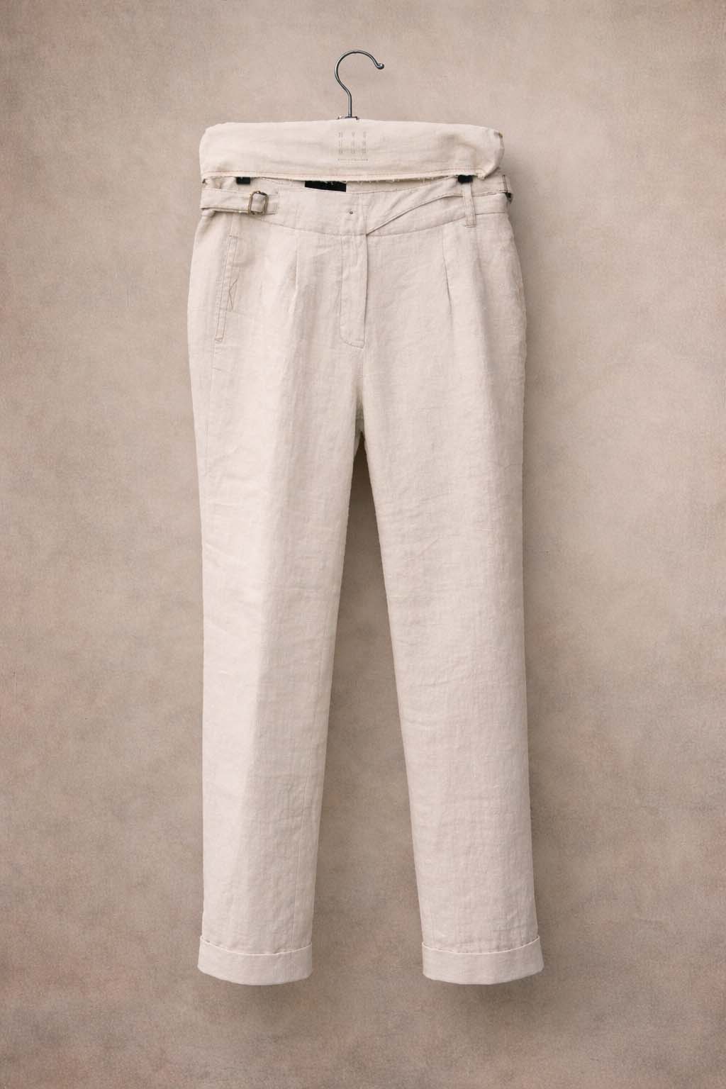 Isa Belted Pants - Cream Linen Herringbone - XS, S, M